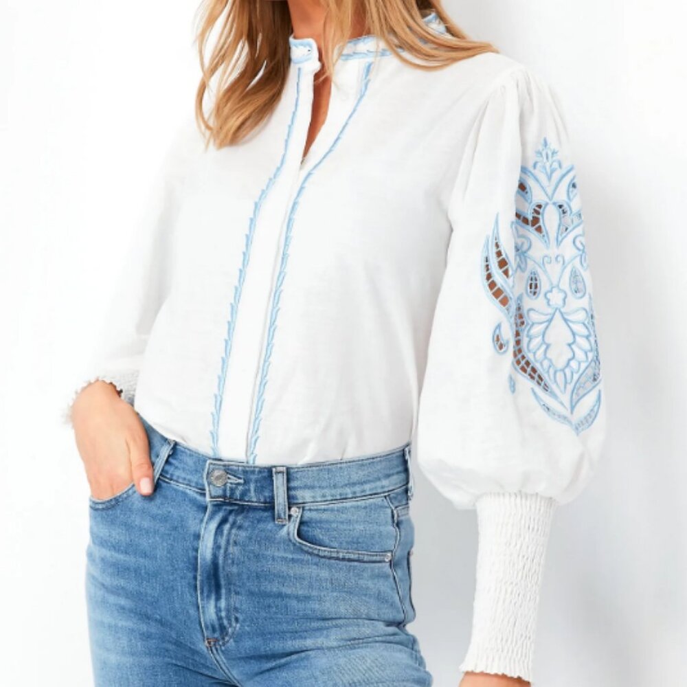 THE SHIRT BY ROCHELLE BEHRENS White and Blue Embroidered Sandy Shirt